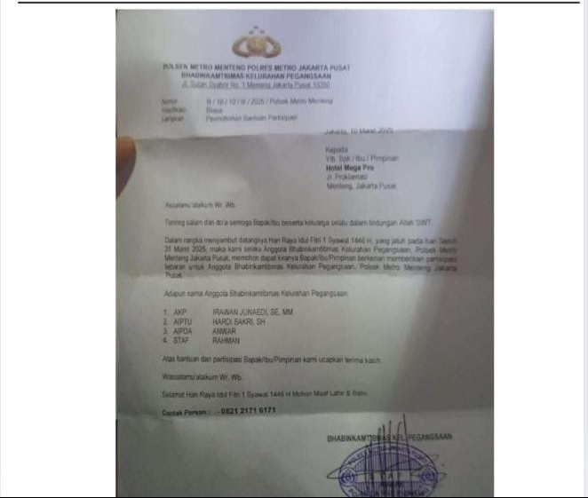 Dugaan Surat Bhabinkamtibmas Pegangsaan Minta Sumbangan ke Hotel Jadi Sorotan, GMOCT Desak Polri Tindak Tegas