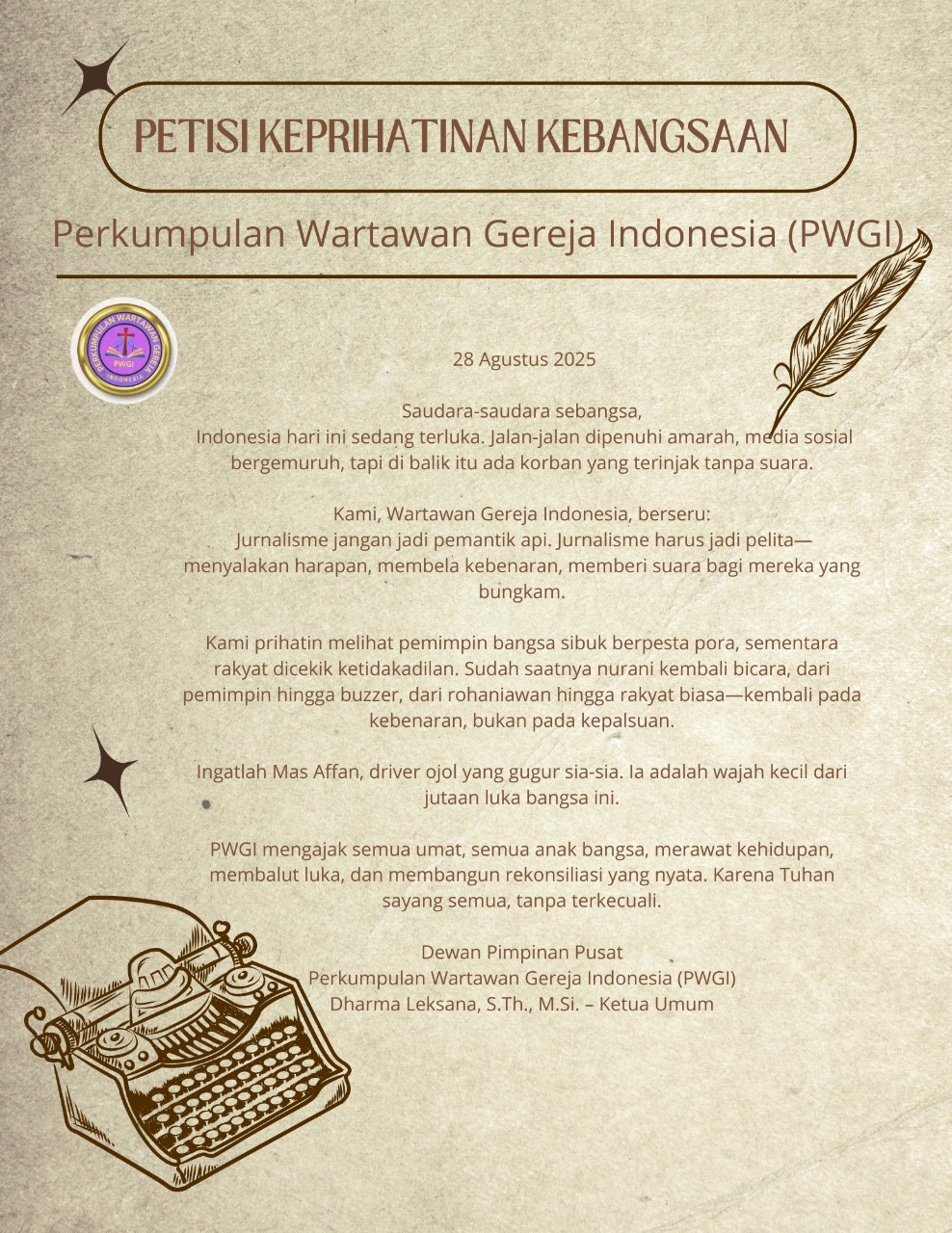 PETISI KEPRIHATINAN KEBANGSAAN PERKUMPULAN WARTAWAN GEREJA INDONESIA