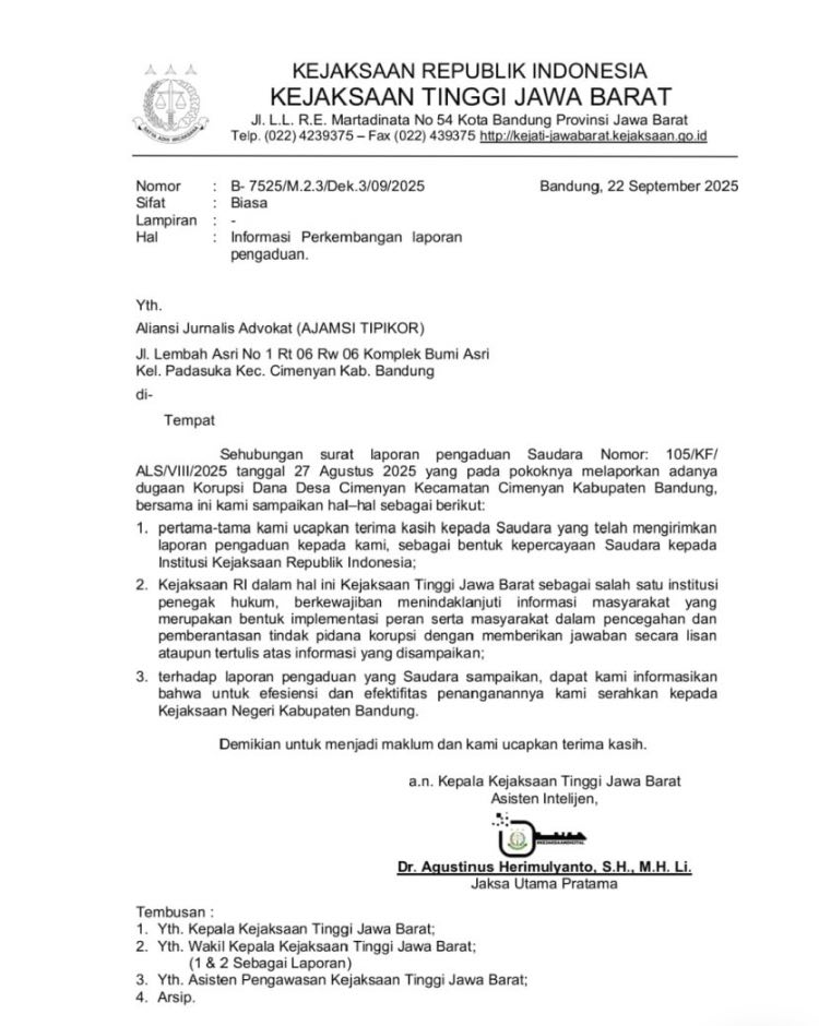 Kejaksaan Tinggi Jawa Barat Limpahkan Laporan Dugaan Korupsi Dana Desa Cimenyan ke Kejari