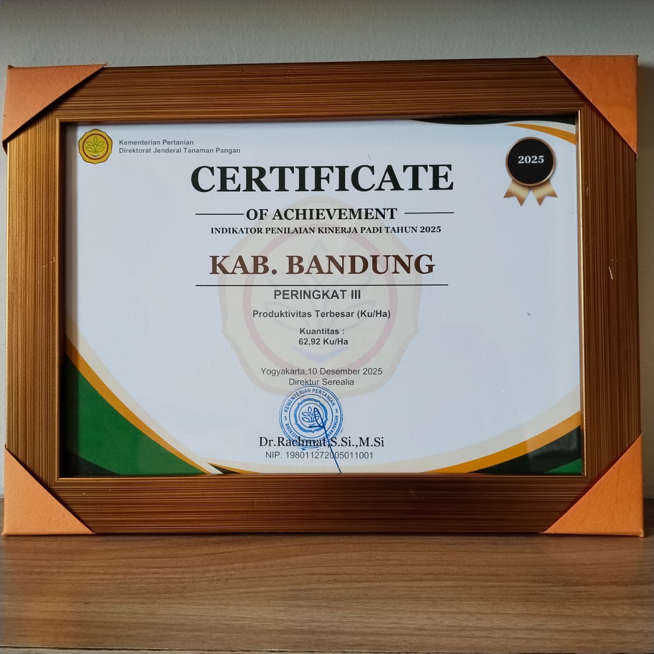 Kabupaten Bandung Raih Dua Penghargaan dalam Penilaian Kinerja Komoditas Tanaman Pangan Utama 2025