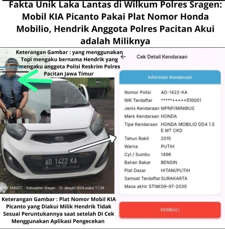 Fakta Unik Laka Lantas di Wilkum Polres Sragen: Mobil KIA Picanto Pakai Plat Nomor Honda Mobilio, Hendrik Anggota Polres Pacitan Akui adalah Miliknya