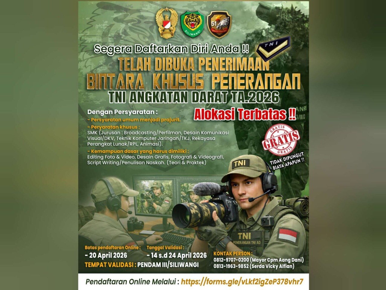 TNI AD Resmi Membuka Penerimaan Bintara Khusus Penerangan Tahun Anggaran 2026.