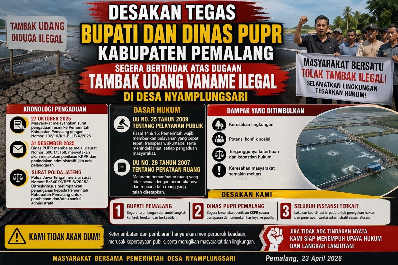 Desakan Tegas kepada Bupati dan Dinas PUPR Kabupaten Pemalang untuk Segera Bertindak atas Dugaan Tambak Udang Vaname Ilegal di Desa Nyamplungsari