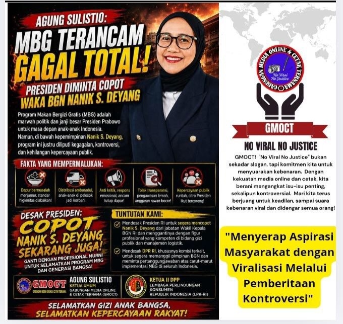 AGUNG SULISTIO: MBG Terancam Gagal Total, Presiden Diminta Copot Waka BGN Nanik S. Deyang