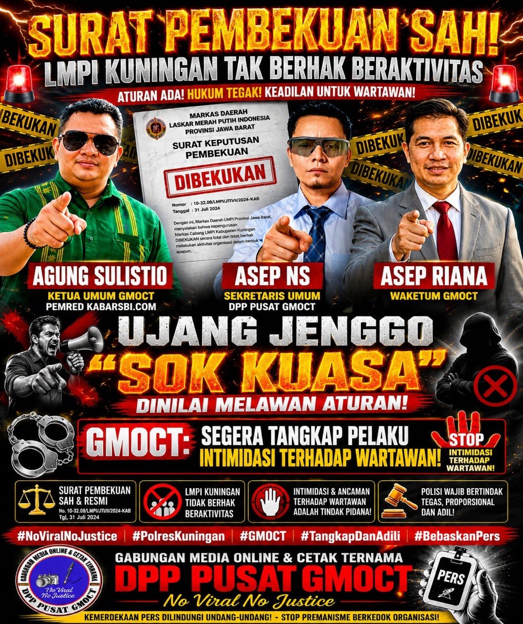 Surat Pembekuan Sah: LMPI Kuningan Tak Berhak Beraktivitas, Ujang Jenggo “Sok Kuasa” Dinilai Melawan Aturan, GMOCT: Segera Tangkap Pelaku Intimidasi Terhadap Wartawan