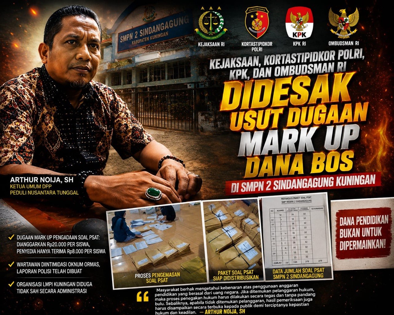Kejaksaan, Kortastipidkor Polri, KPK, dan Ombudsman RI Didesak Usut Dugaan Mark Up Dana BOS di SMPN 2 Sindangagung Kuningan