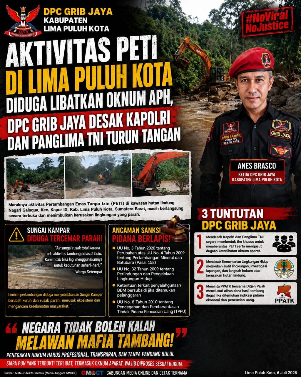 Aktivitas PETI di Lima Puluh Kota Diduga Libatkan Oknum APH, DPC GRIB Jaya Desak Kapolri dan Panglima TNI Turun Tangan