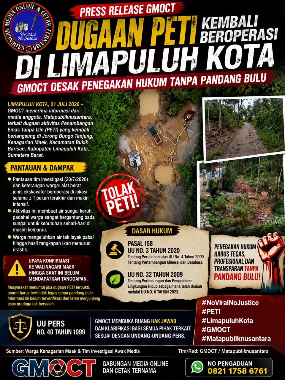 Dugaan PETI Kembali Beroperasi di Limapuluh Kota, GMOCT Desak Penegakan Hukum Tanpa Pandang Bulu