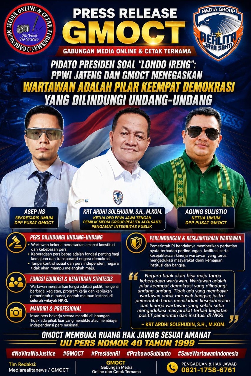 Pidato Presiden Soal ‘Londo Ireng’: PPWI Jateng dan GMOCT Menegaskan Wartawan Adalah Pilar Keempat Demokrasi yang Dilindungi Undang-Undang