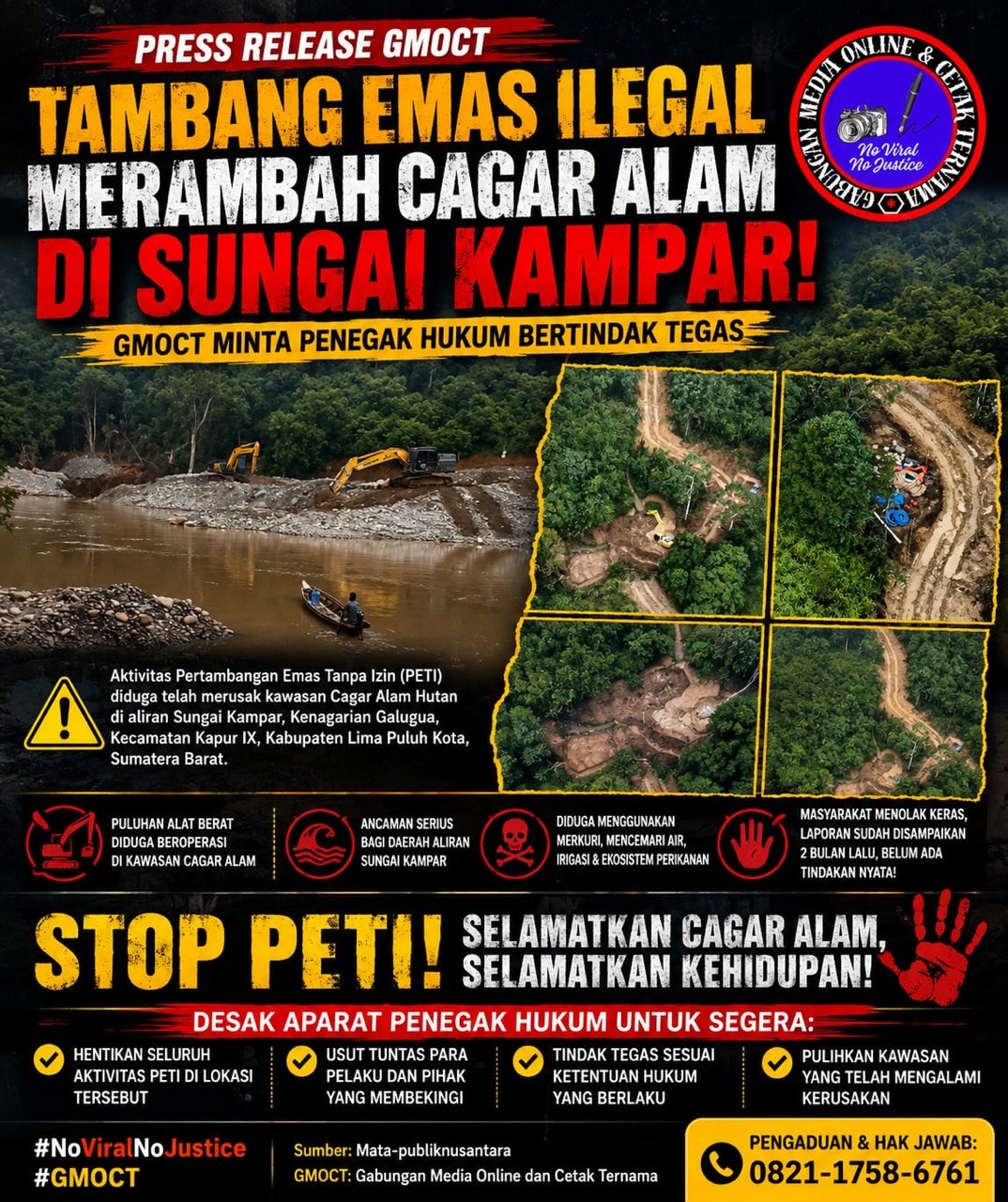 Tambang Emas Ilegal Merambah Cagar Alam di Sungai Kampar, GMOCT Minta Penegak Hukum Bertindak Tegas