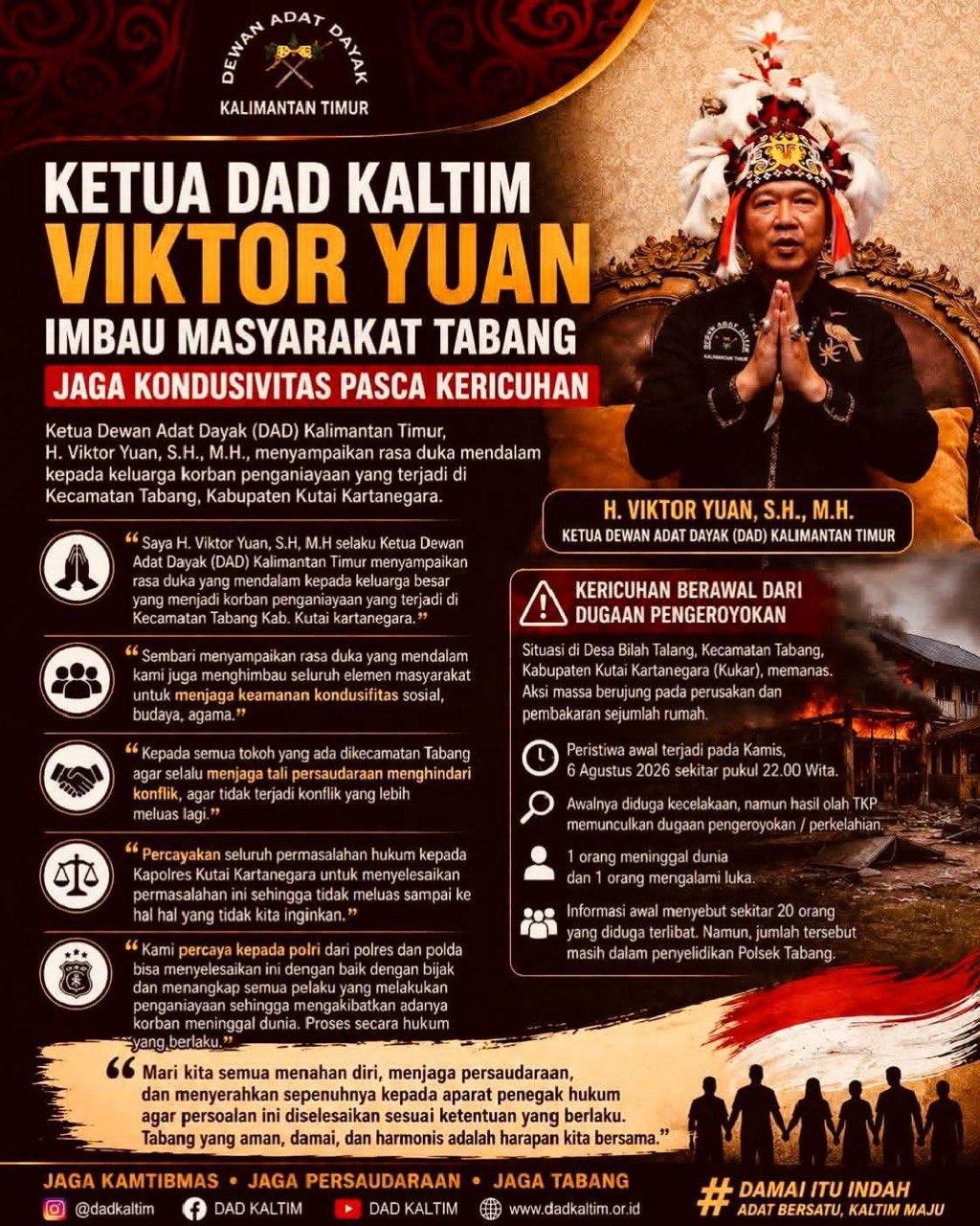 Ketua DAD Kaltim Imbau Warga Tabang Jaga Kondusivitas Pasca kericuhan