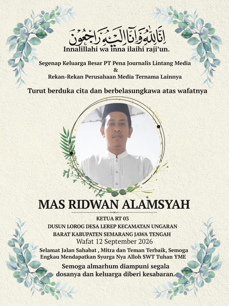 Berita Duka: Mas Ridwan Alamsyah Ketua RT 03 Berpulang, PT Pena Journalis Lintang Media dan Perusahaan Media Ternama Turut Bela Sungkawa