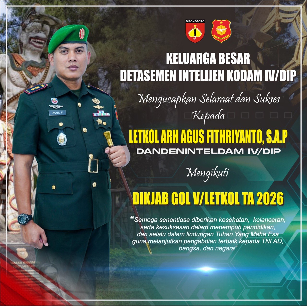 Dandeninteldam IV/Diponegoro Letkol Arh Agus Fithriyanto, S.A.P. Mengikuti Dikjab Golongan V, Detasemen Intelijen Sampaikan Dukungan & Doa