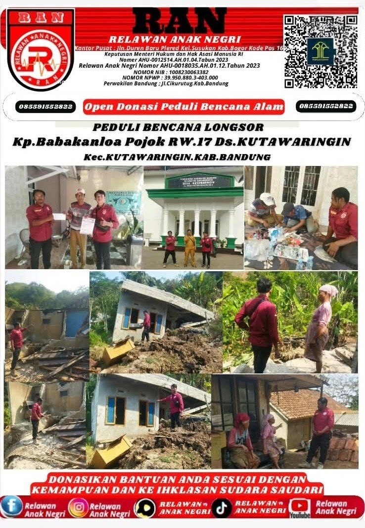 Relawan Anak Negri Teguhkan Kepedulian, Salurkan Bantuan Korban Longsor Kutawaringin